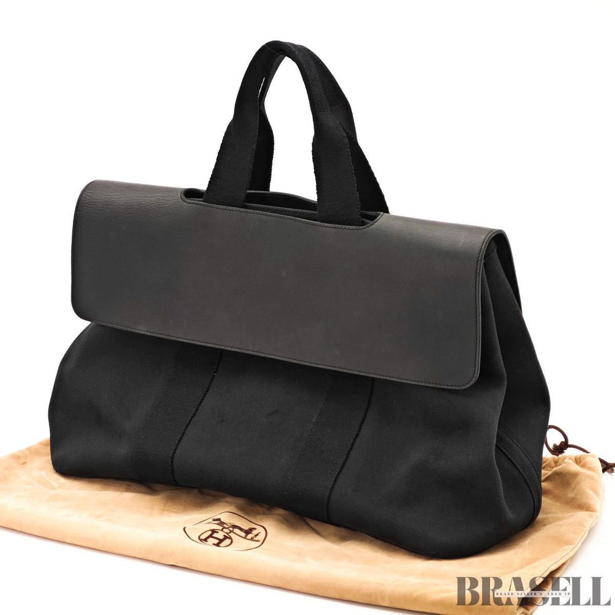 HERMES Valparaiso MM Noir Toile Chevron Leather Handbag【ImportFeeFREE】