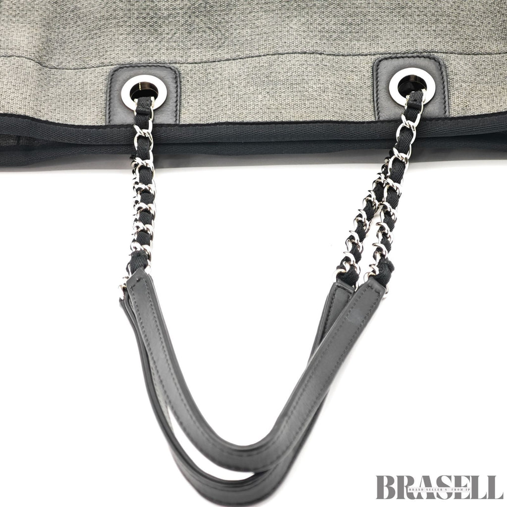 CHANEL Deauville Denim Chain Tote Shoulder Bag Gray Flap【ImportFeeFREE】