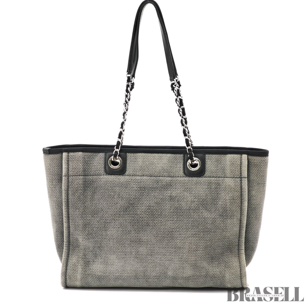 CHANEL Deauville Denim Chain Tote Shoulder Bag Gray Flap【ImportFeeFREE】