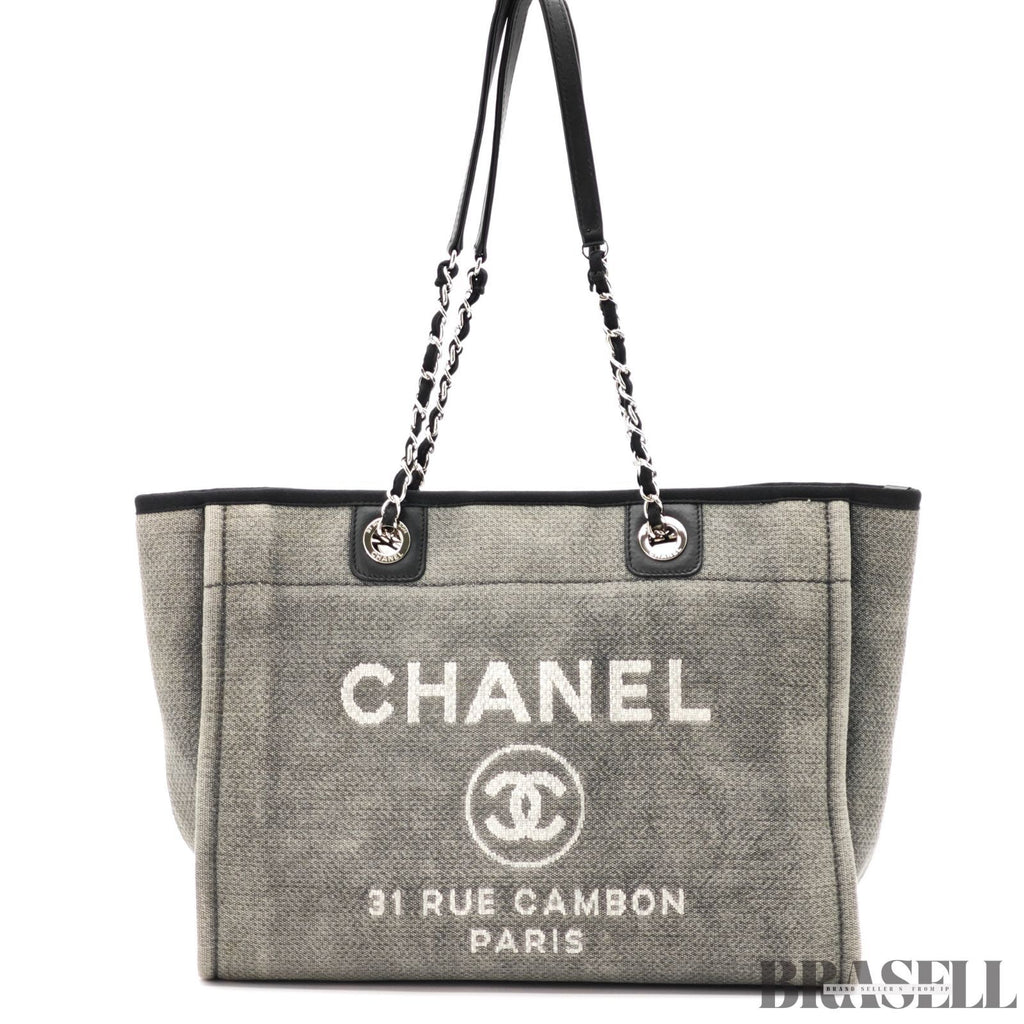 CHANEL Deauville Denim Chain Tote Shoulder Bag Gray Flap【ImportFeeFREE】