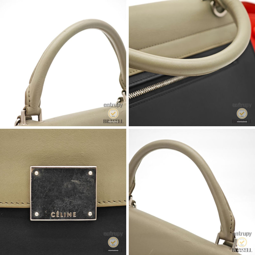 CELINE Leather Trapeze 2way Hand Bag Black Red Khaki Women 【ImportFeeFREE】