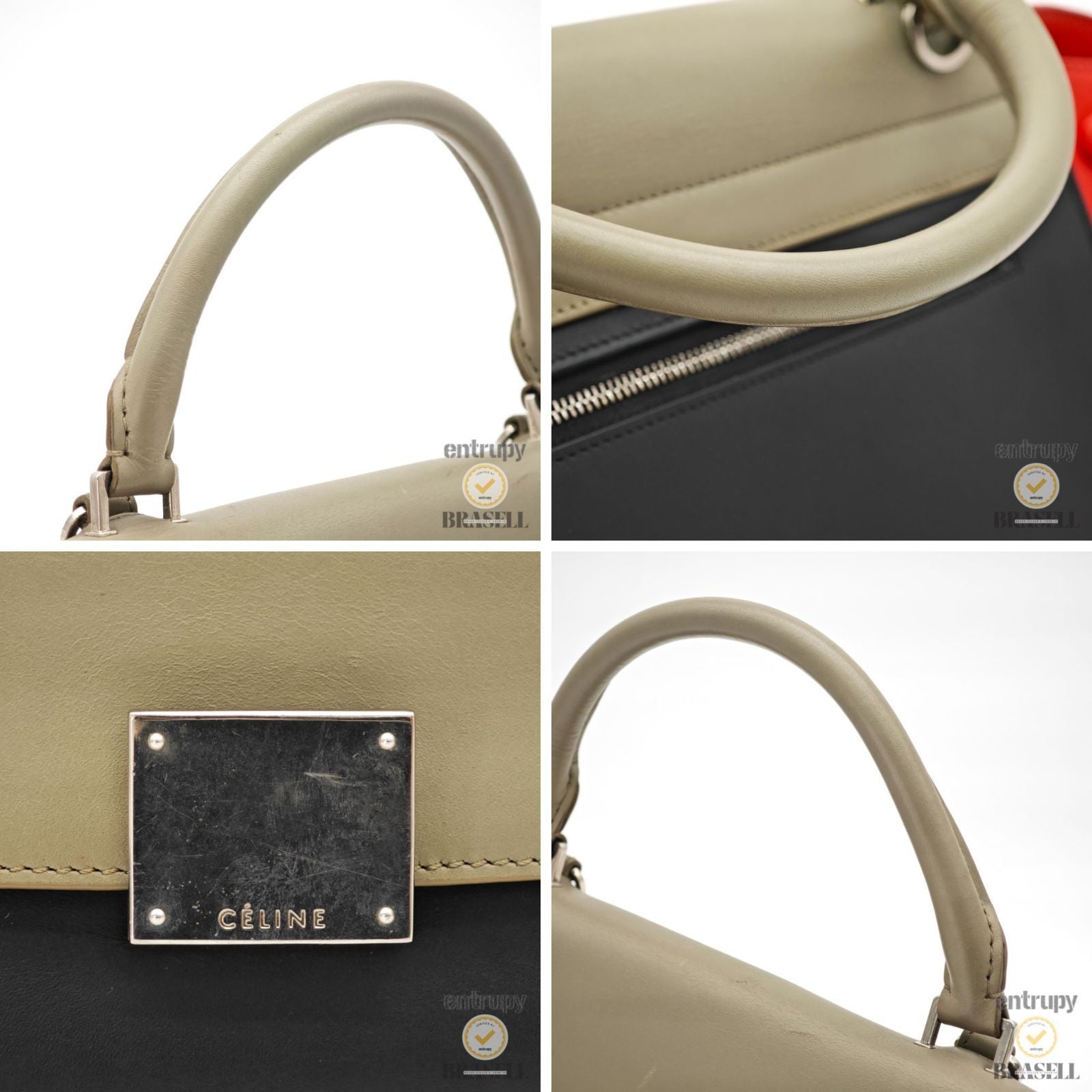 CELINE Leather Trapeze 2way Hand Bag Black Red Khaki Women 【ImportFeeFREE】