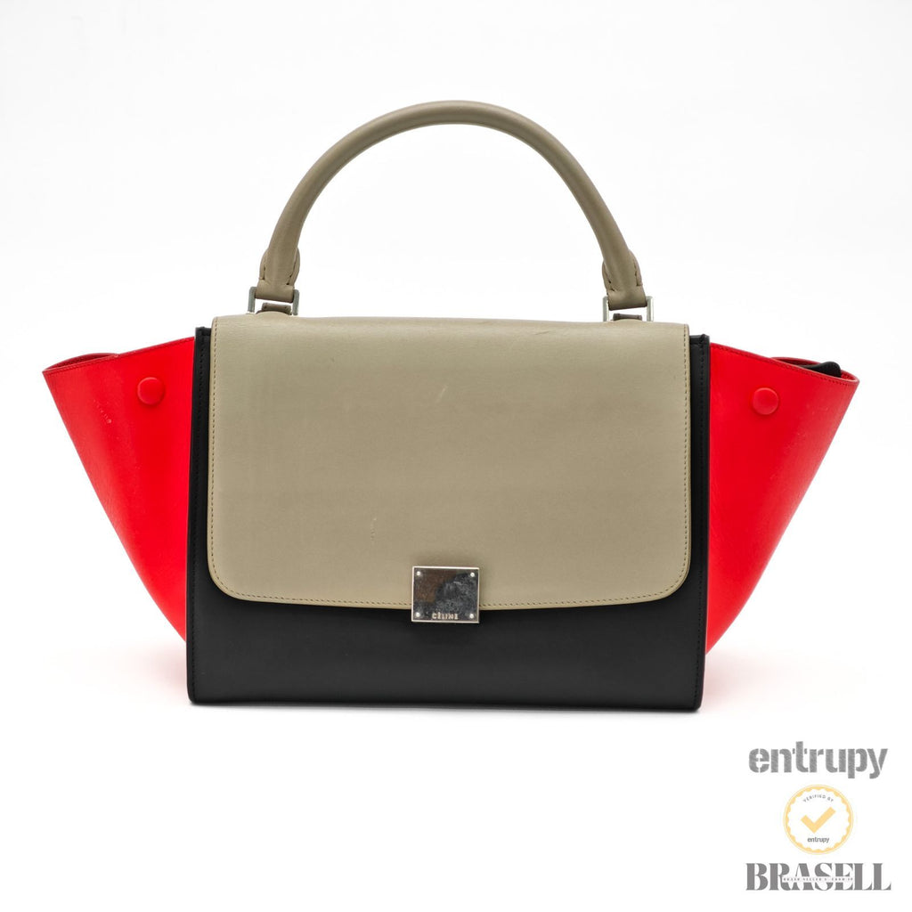 CELINE Leather Trapeze 2way Hand Bag Black Red Khaki Women 【ImportFeeFREE】