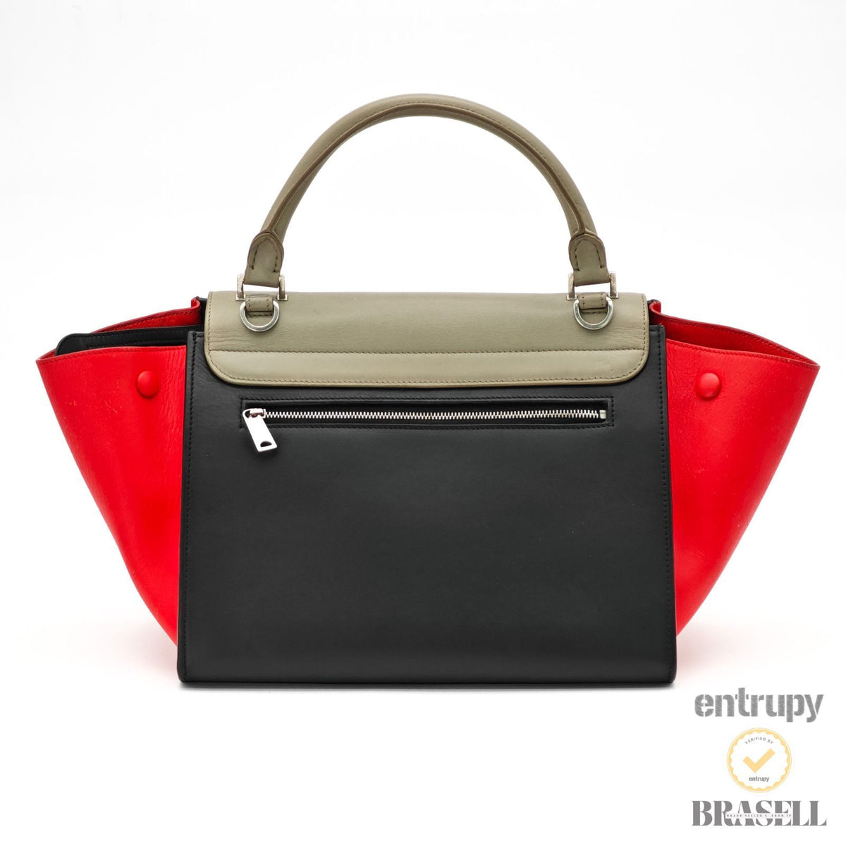 CELINE Leather Trapeze 2way Hand Bag Black Red Khaki Women 【ImportFeeFREE】