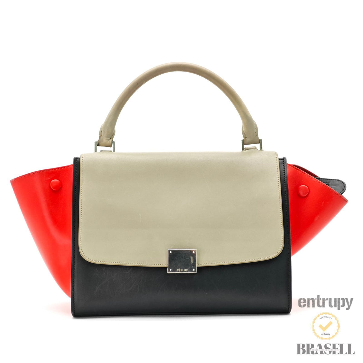 CELINE Leather Trapeze 2way Hand Bag Black Red Khaki Italy 【ImportFeeFREE】