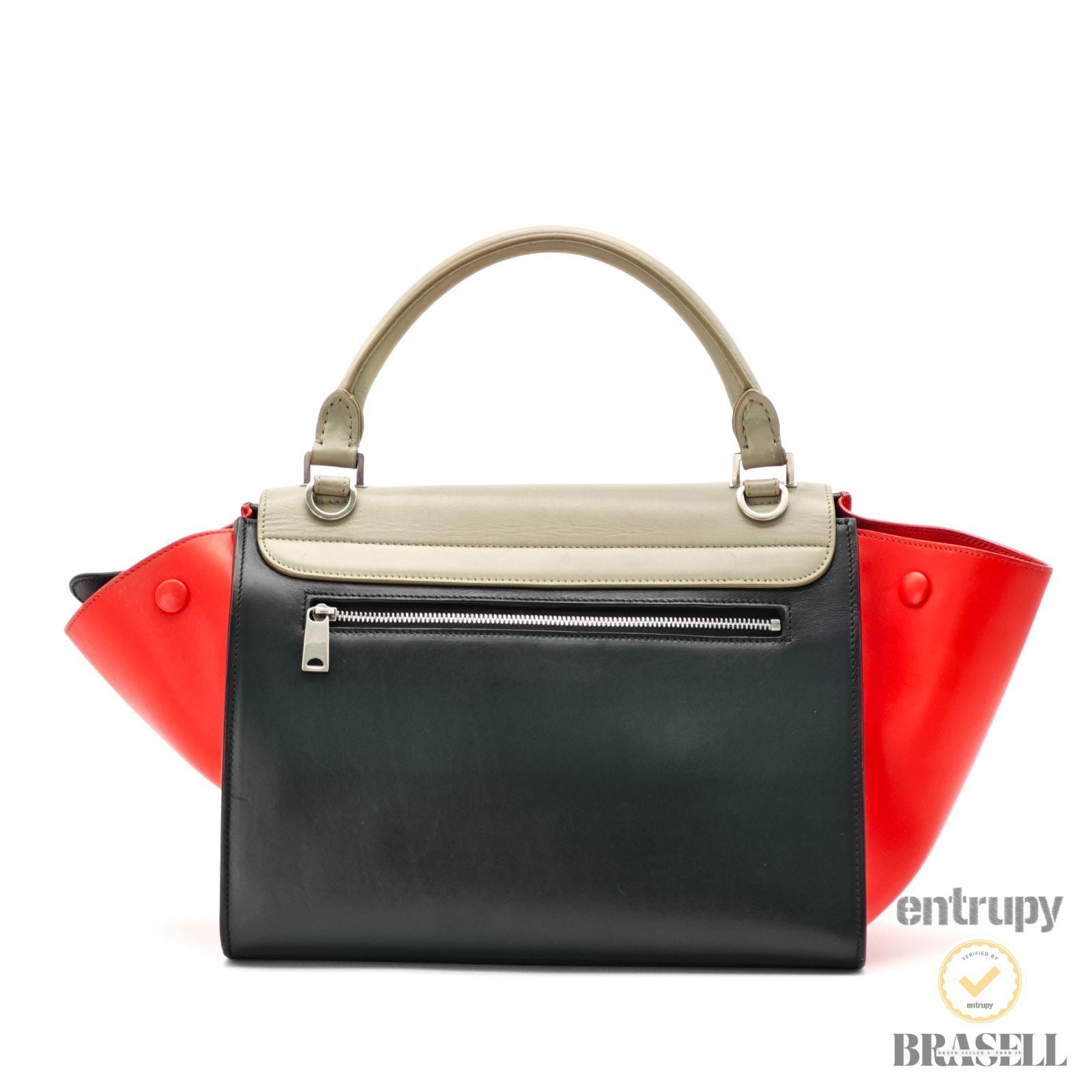 CELINE Leather Trapeze 2way Hand Bag Black Red Khaki Italy 【ImportFeeFREE】