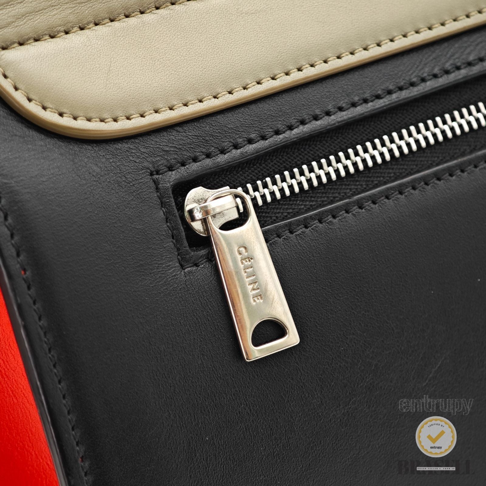 CELINE Leather Trapeze 2way Hand Bag Black Red Khaki Italy 【ImportFeeFREE】