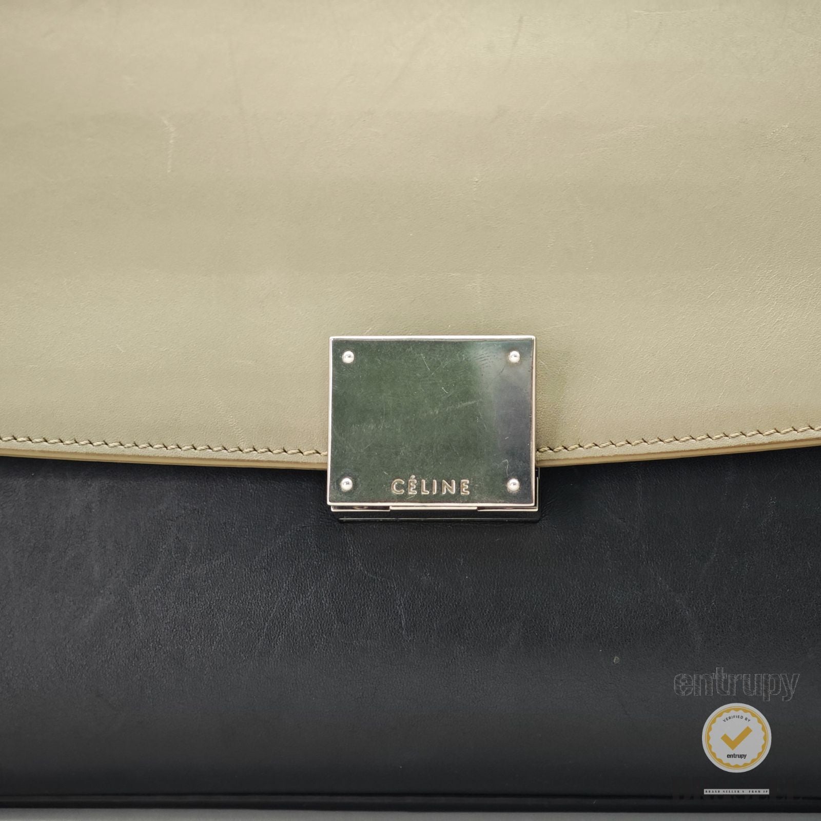 CELINE Leather Trapeze 2way Hand Bag Black Red Khaki Italy 【ImportFeeFREE】