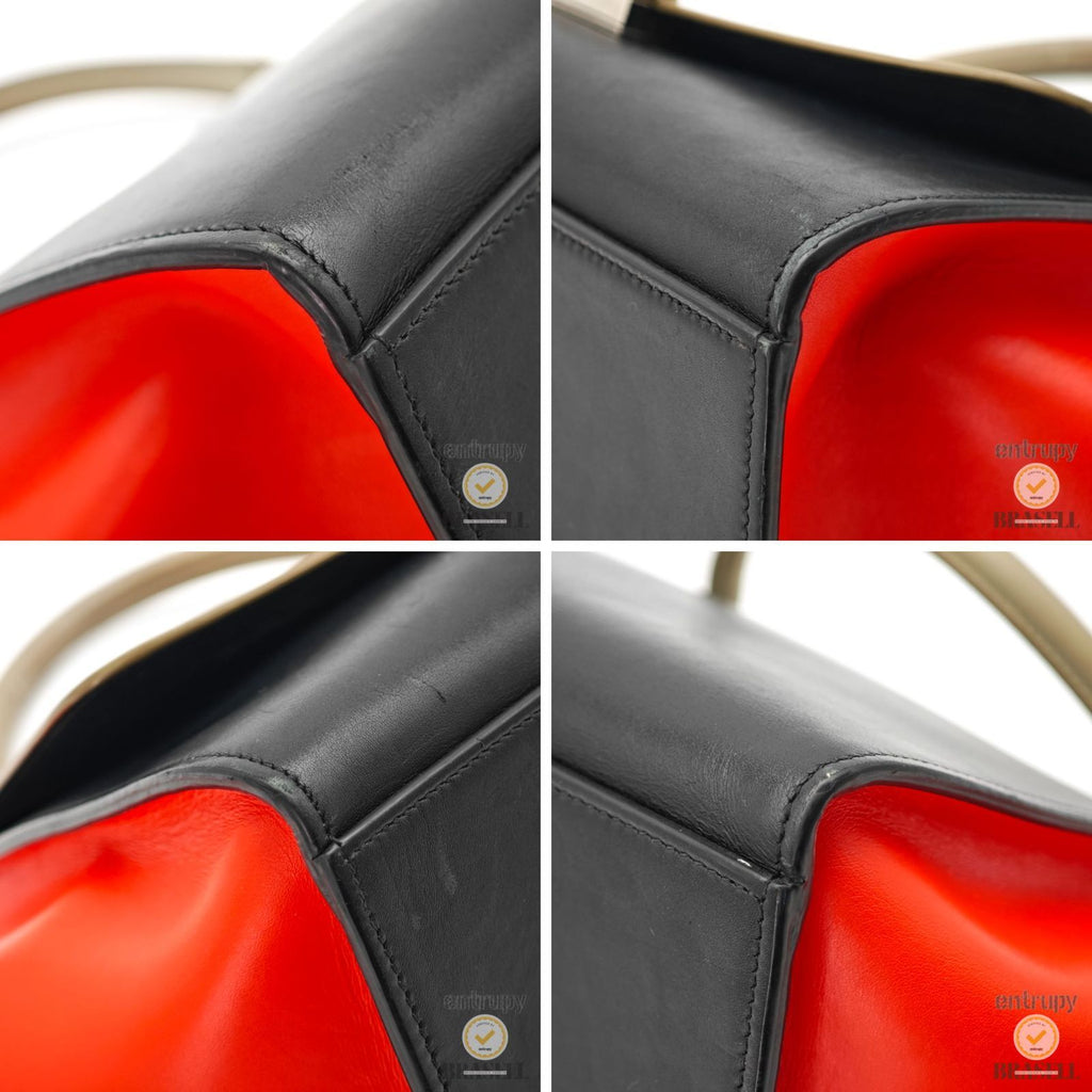 CELINE Leather Trapeze 2way Hand Bag Black Red Khaki Italy 【ImportFeeFREE】