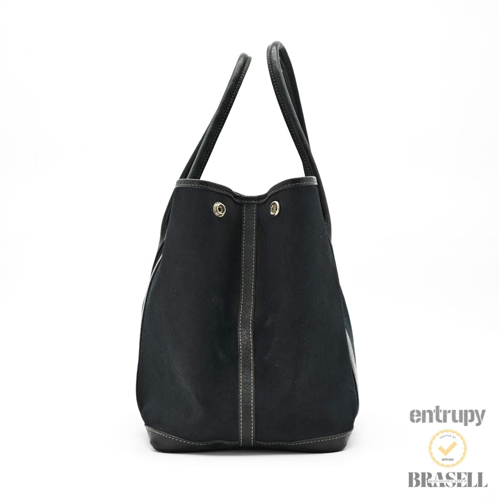HERMES Garden Party PM Tote Bag Toile Officier Leather Black 【ImportFeeFREE】