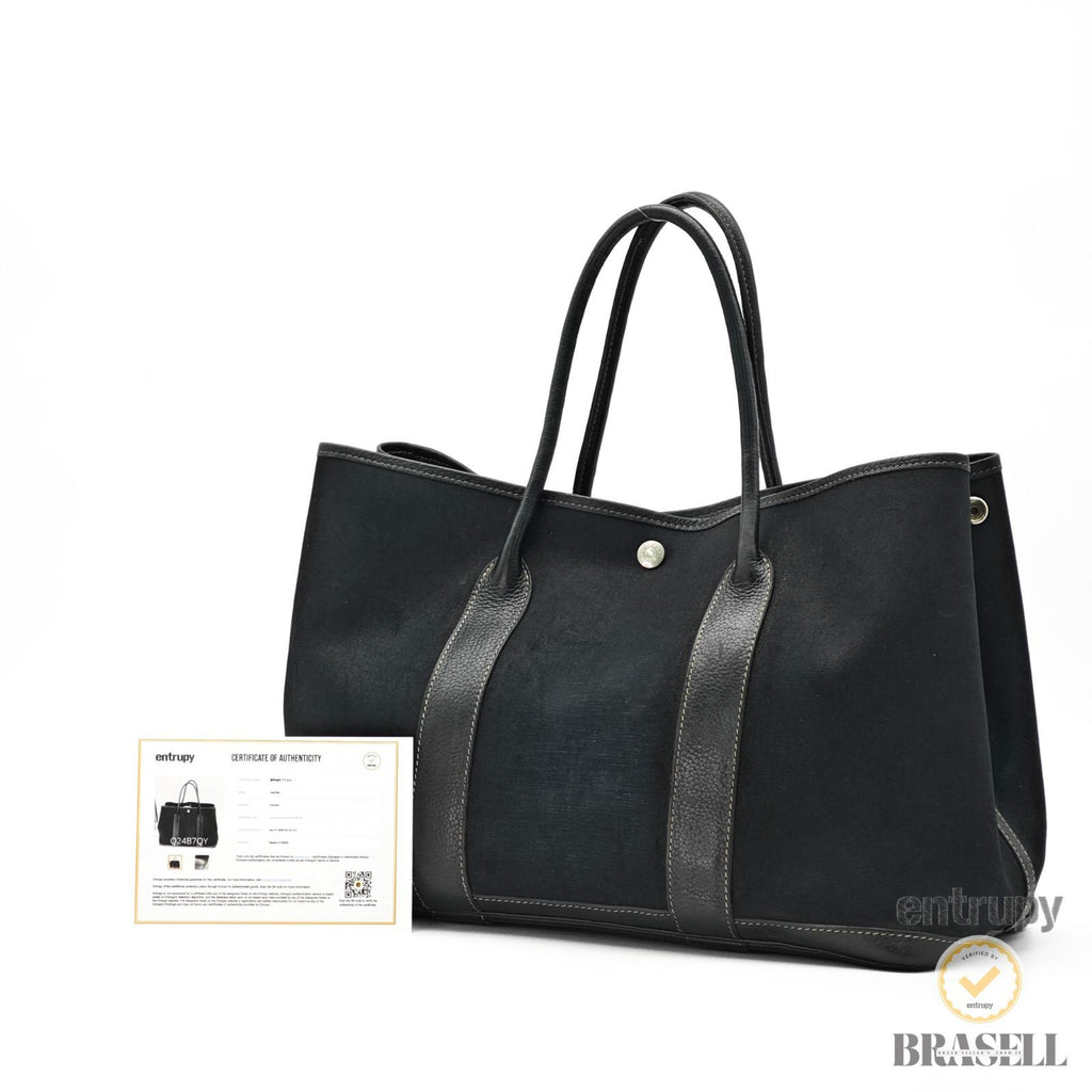 HERMES Garden Party PM Tote Bag Toile Officier Leather Black 【ImportFeeFREE】