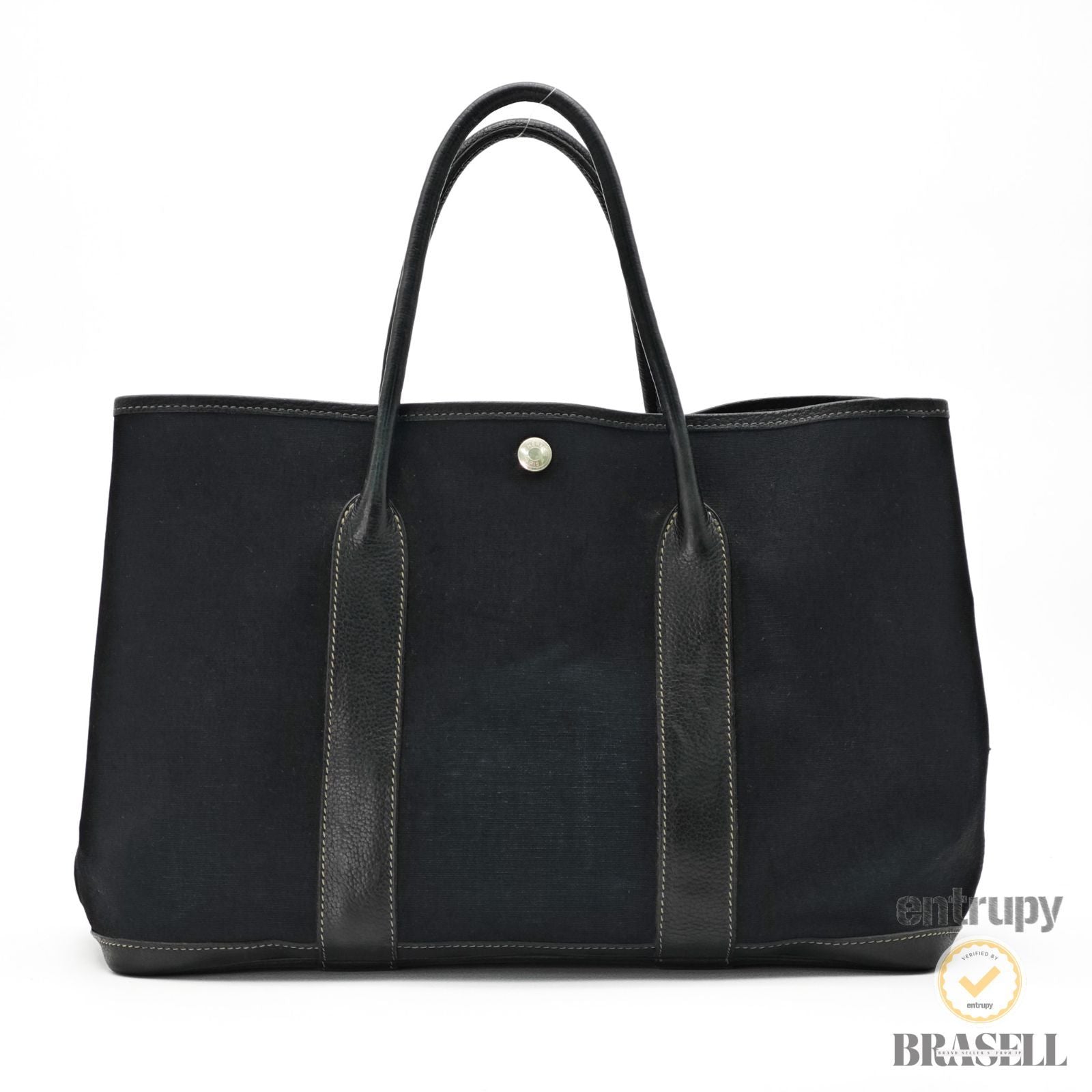 HERMES Garden Party PM Tote Bag Toile Officier Leather Black 【ImportFeeFREE】