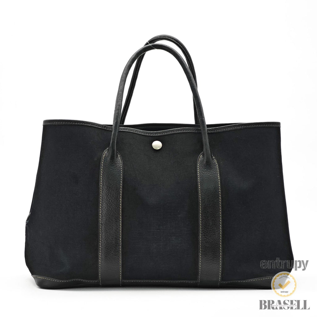HERMES Garden Party PM Tote Bag Toile Officier Leather Black 【ImportFeeFREE】
