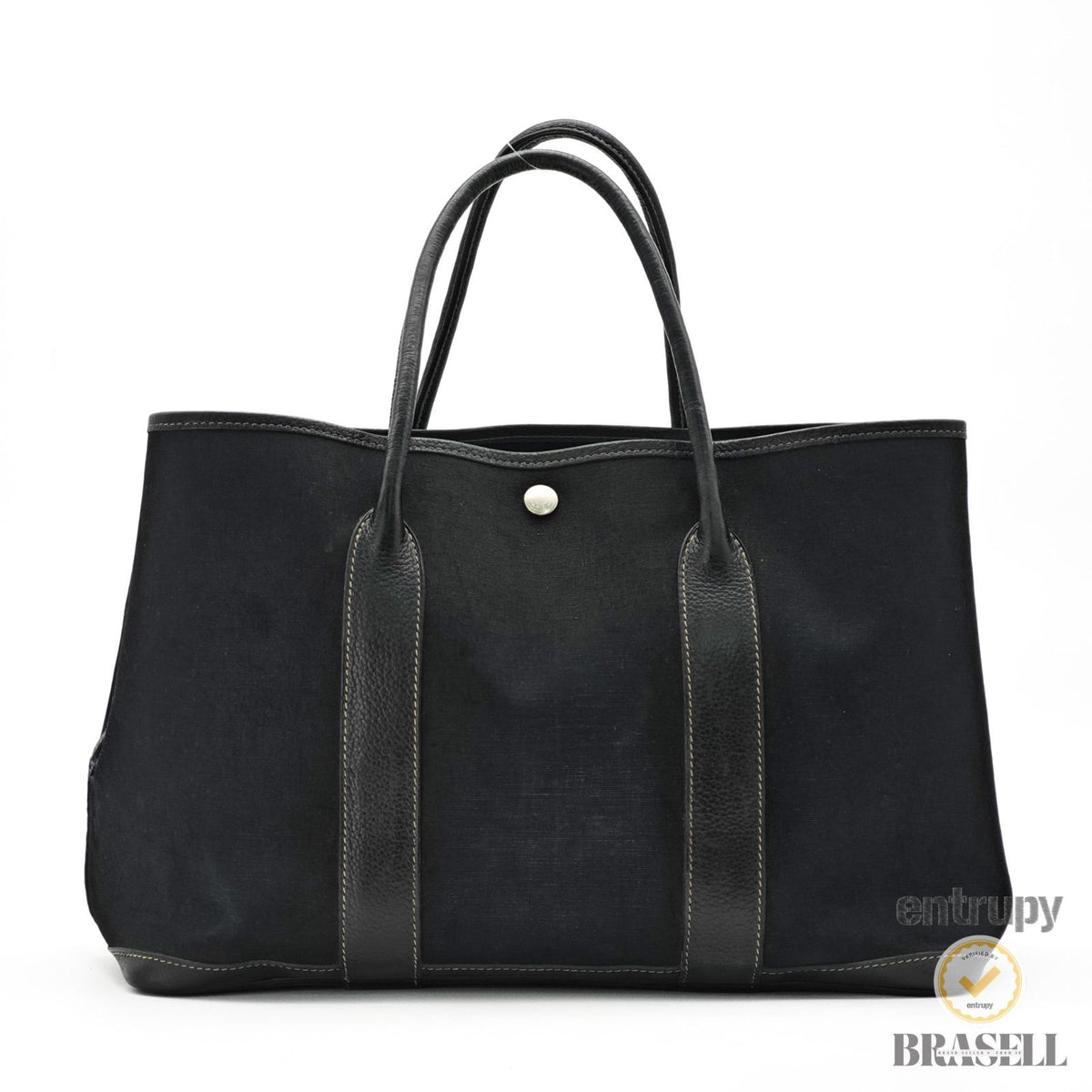 HERMES Garden Party PM Tote Bag Toile Officier Leather Black 【ImportFeeFREE】
