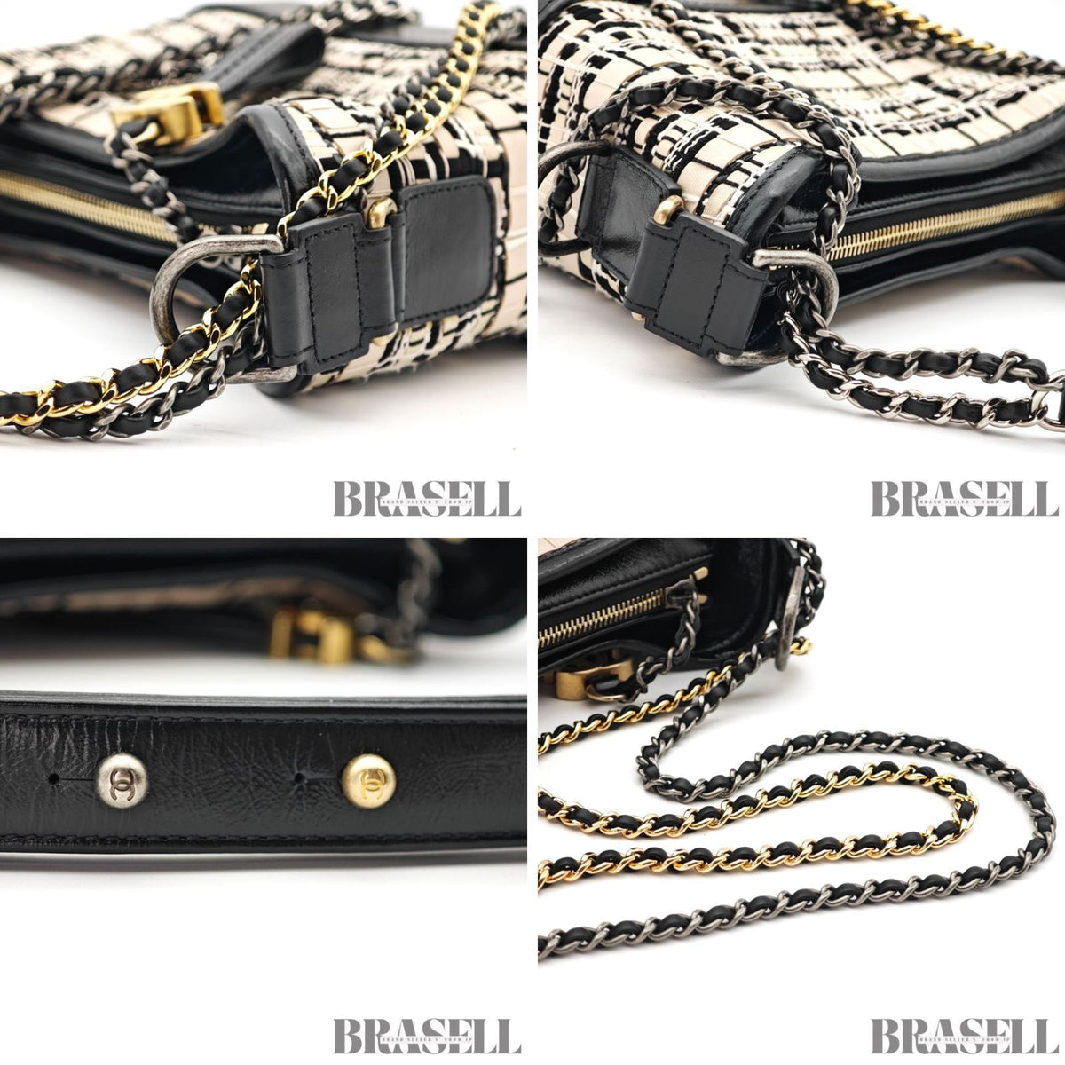 CHANEL Gabrielle Chain Shoulder Bag Tweed Leather Beige Black 【ImportFeeFREE】