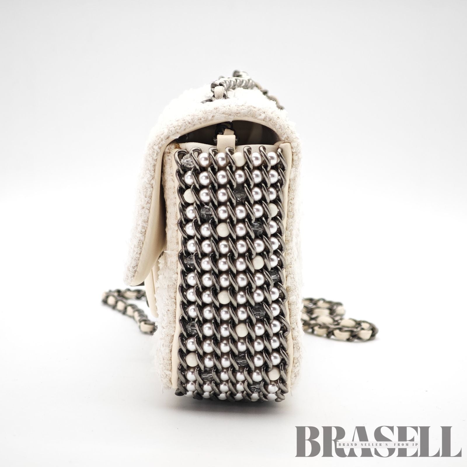 CHANEL Tweed Single Flap Shoulder Bag Pearl White Women's【ImportFeeFREE】