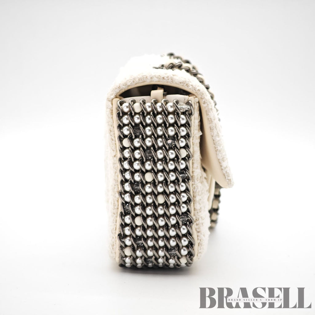 CHANEL Tweed Single Flap Shoulder Bag Pearl White Women's【ImportFeeFREE】