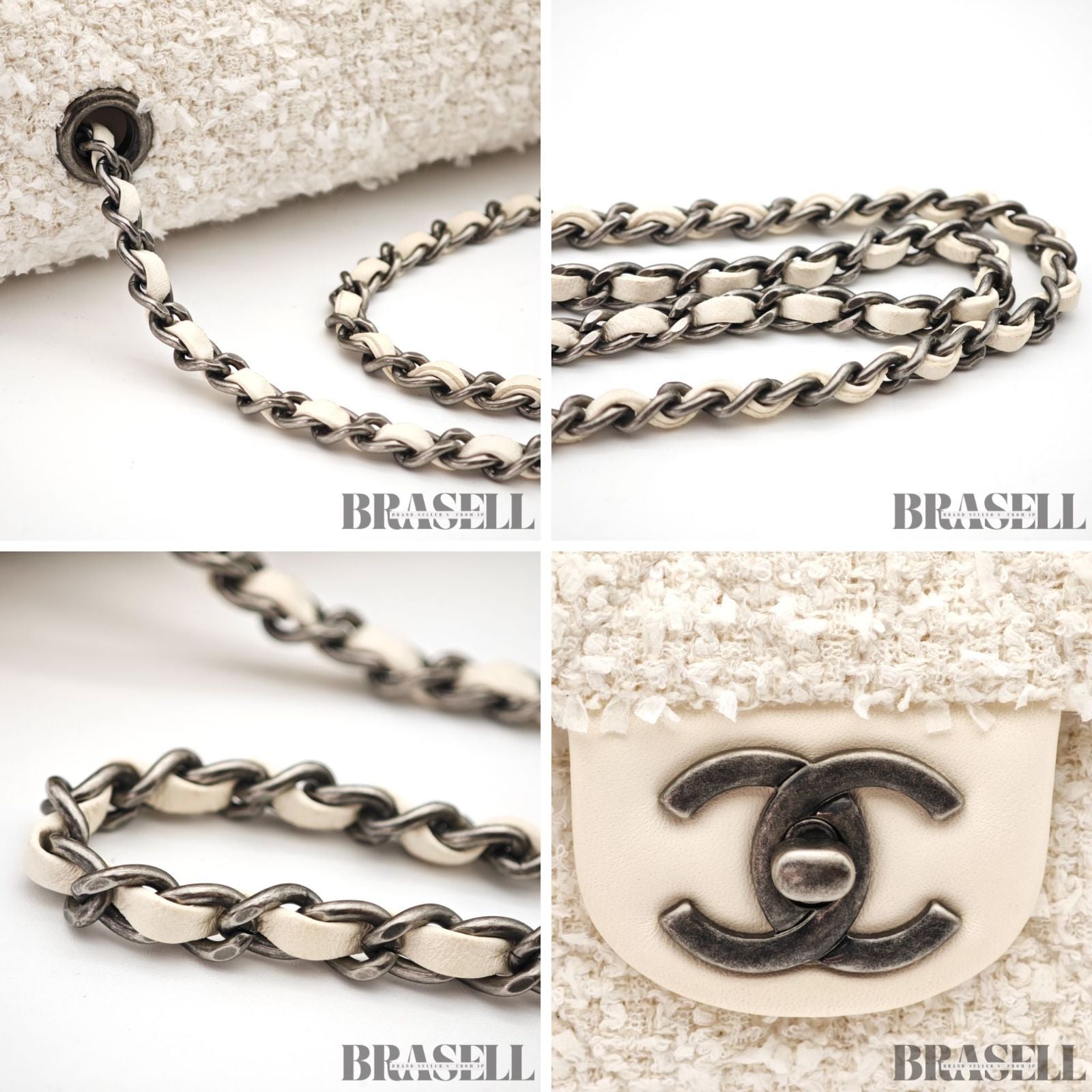 CHANEL Tweed Single Flap Shoulder Bag Pearl White Women's【ImportFeeFREE】