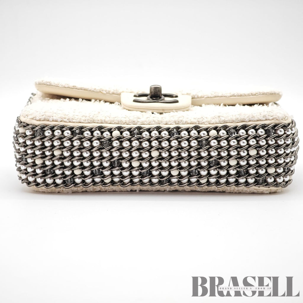 CHANEL Tweed Single Flap Shoulder Bag Pearl White Women's【ImportFeeFREE】