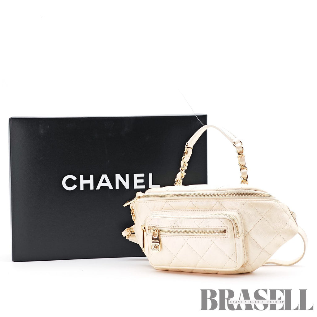 CHANEL Matelasse Waist Bag Bum Bag Mini Bag Lambskin White 【ImportFeeFREE】