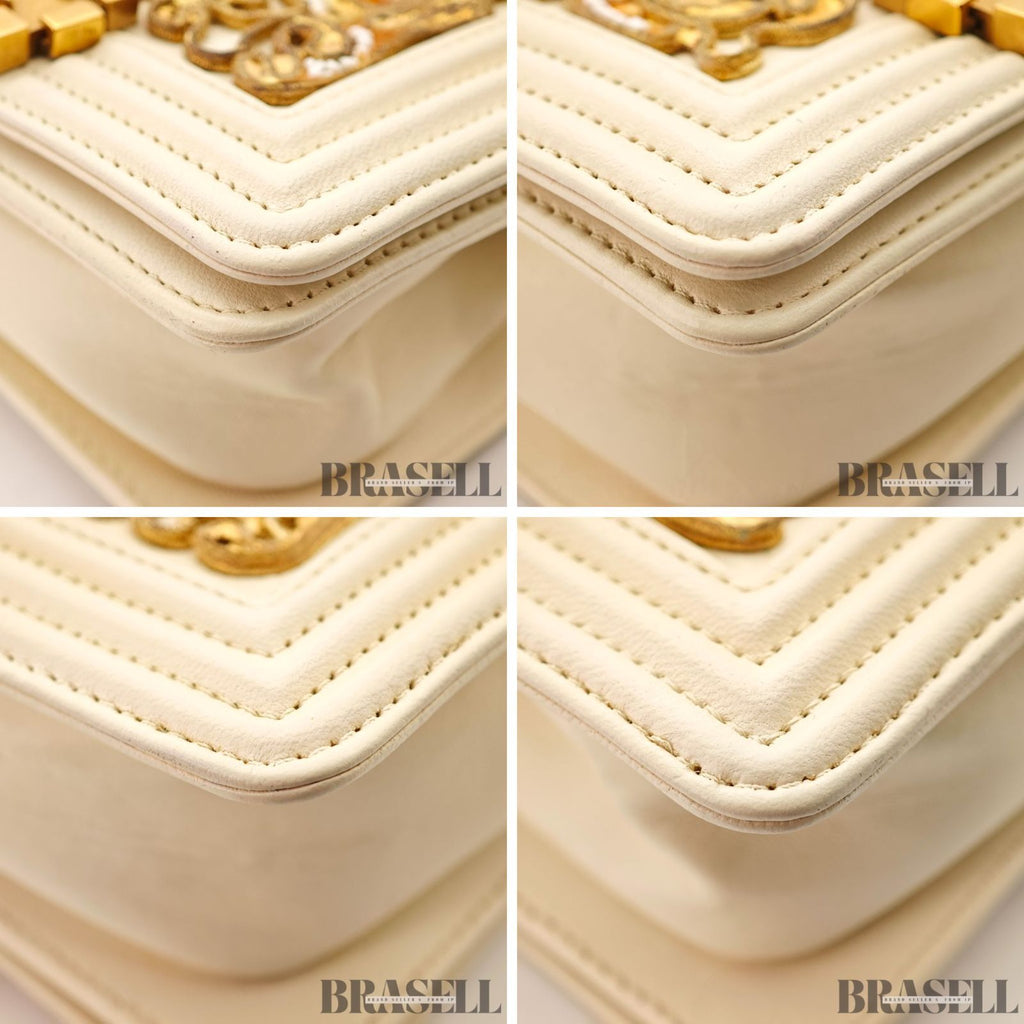 CHANEL Mini Boy Chanel Beaded Embellished Shoulder Bag White 【ImportFeeFREE】