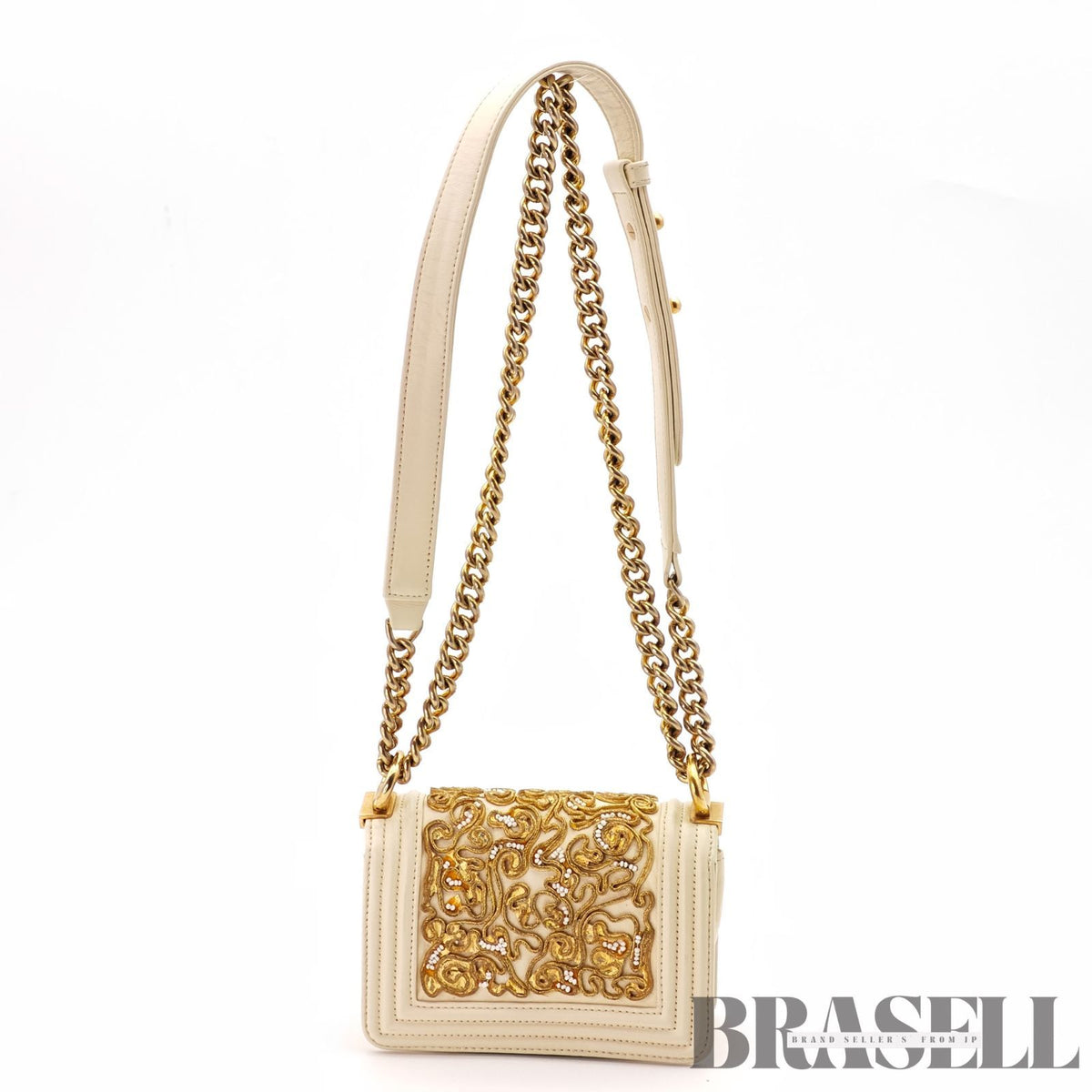 CHANEL Mini Boy Chanel Beaded Embellished Shoulder Bag White 【ImportFeeFREE】