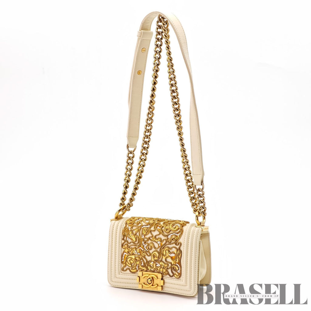 CHANEL Mini Boy Chanel Beaded Embellished Shoulder Bag White 【ImportFeeFREE】