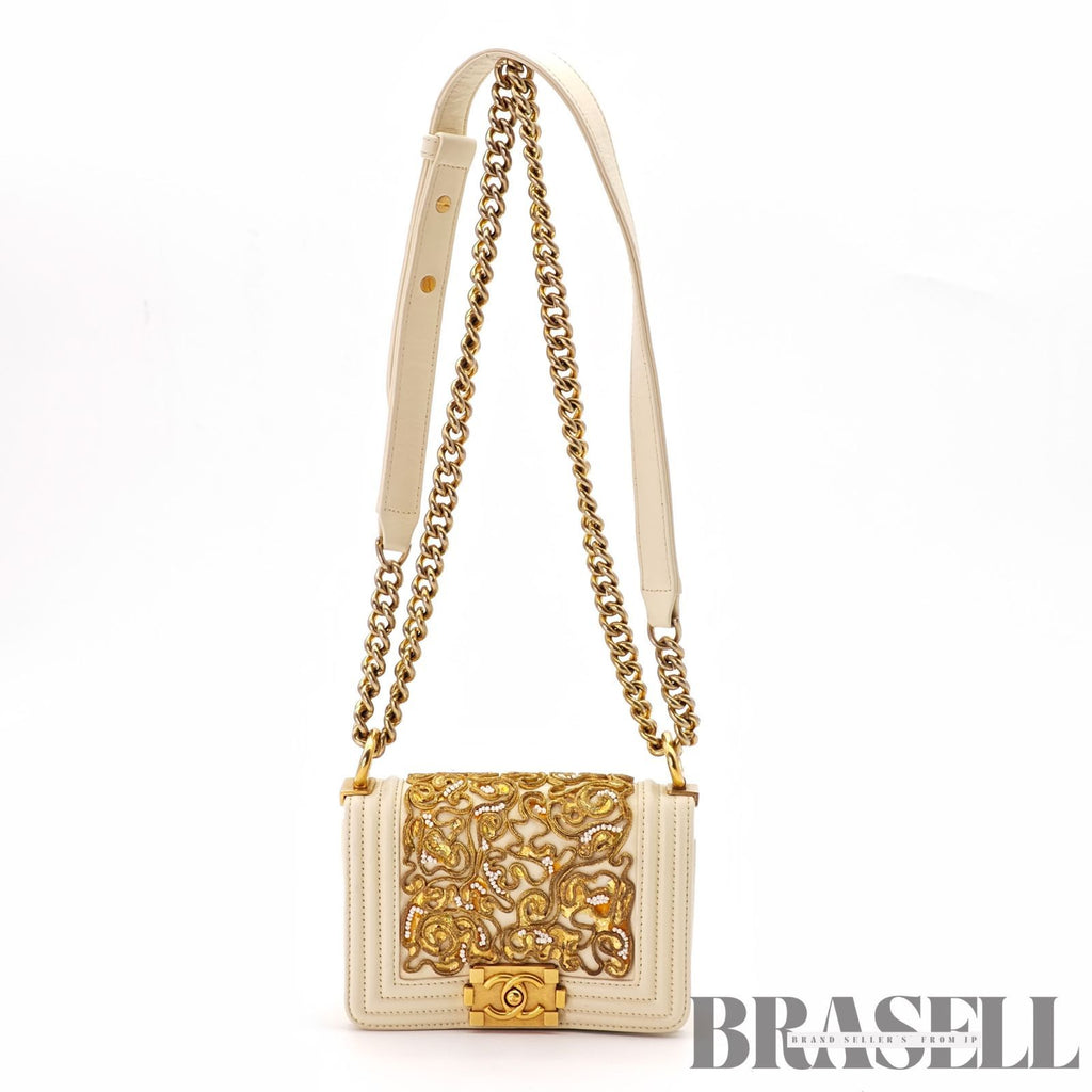 CHANEL Mini Boy Chanel Beaded Embellished Shoulder Bag White 【ImportFeeFREE】