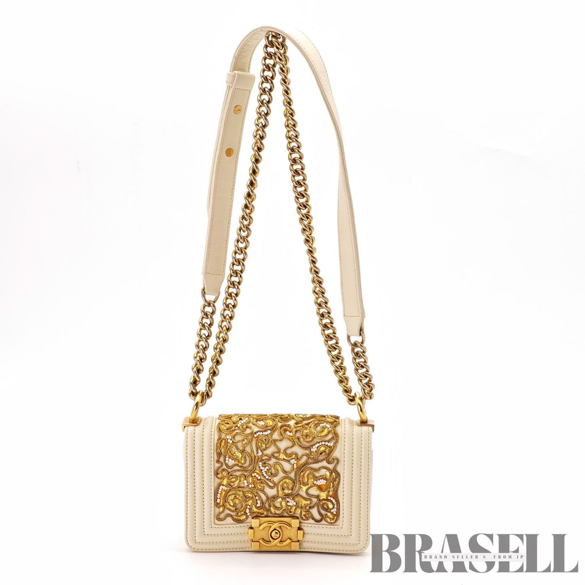 CHANEL Mini Boy Chanel Beaded Embellished Shoulder Bag White 【ImportFeeFREE】