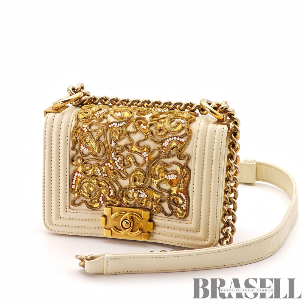 CHANEL Mini Boy Chanel Beaded Embellished Shoulder Bag White 【ImportFeeFREE】