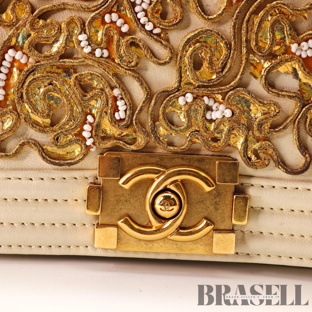CHANEL Mini Boy Chanel Beaded Embellished Shoulder Bag White 【ImportFeeFREE】