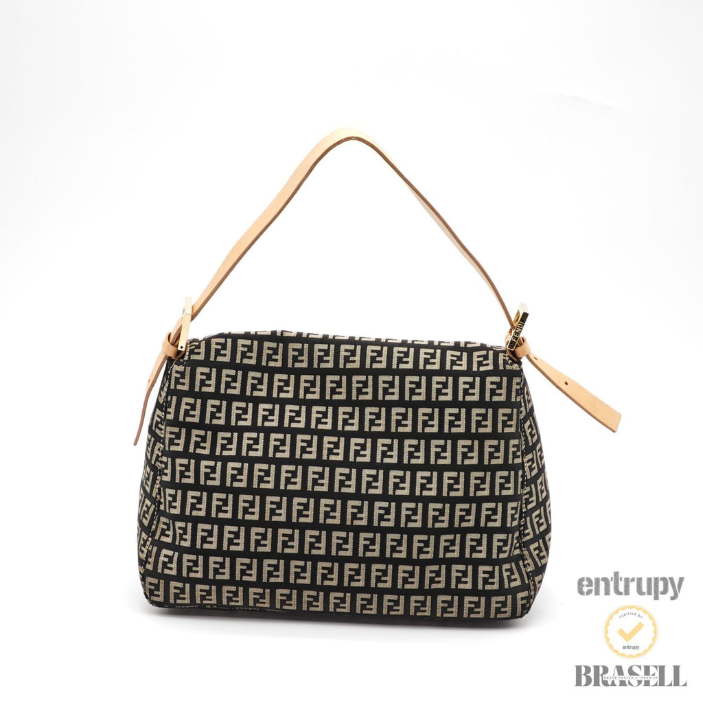 FENDI Zucchino Mamma Baguette 8BR001 Black Beige Hand Bag 【ImportFeeFREE】