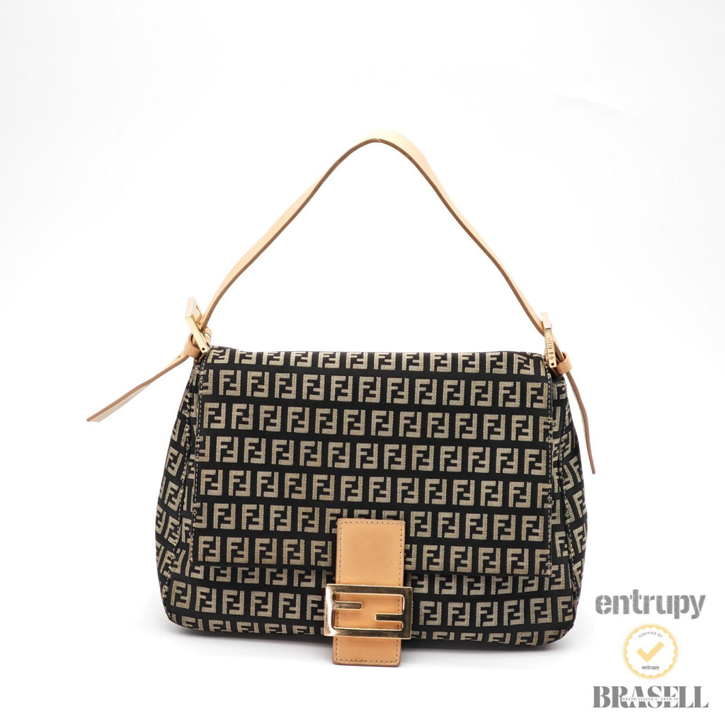 FENDI Zucchino Mamma Baguette 8BR001 Black Beige Hand Bag 【ImportFeeFREE】