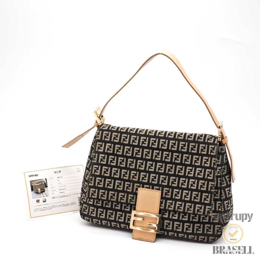 FENDI Zucchino Mamma Baguette 8BR001 Black Beige Hand Bag 【ImportFeeFREE】