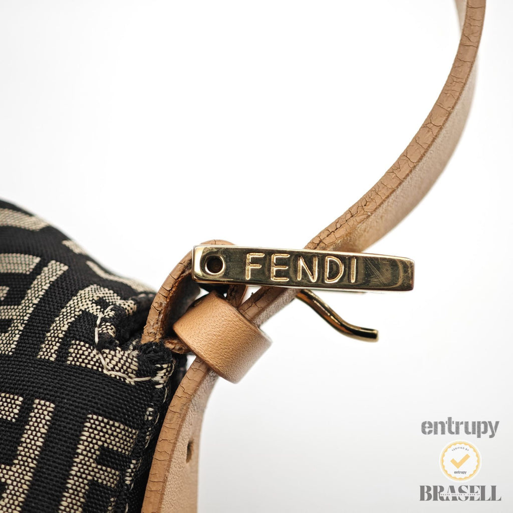 FENDI Zucchino Mamma Baguette 8BR001 Black Beige Hand Bag 【ImportFeeFREE】