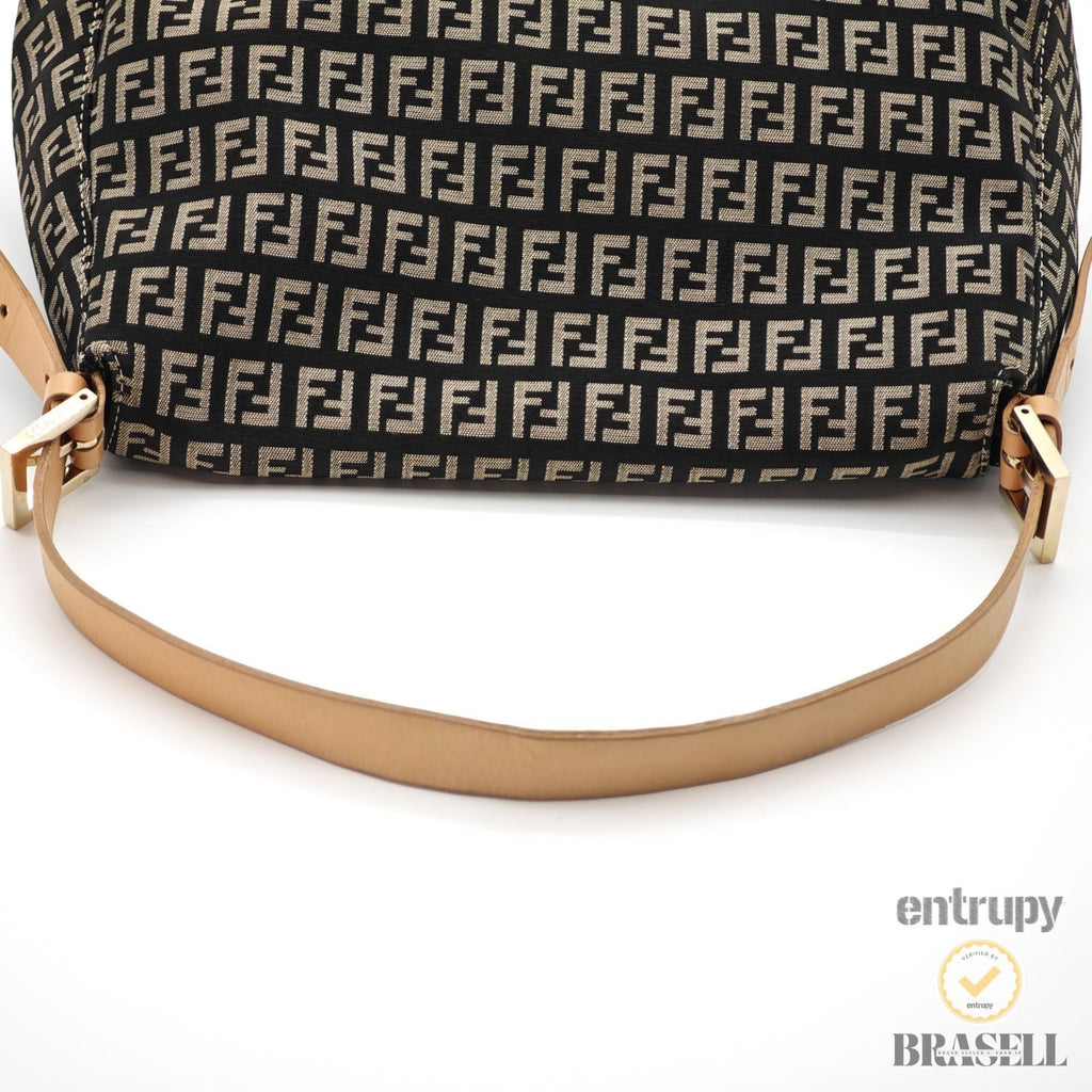 FENDI Zucchino Mamma Baguette 8BR001 Black Beige Hand Bag 【ImportFeeFREE】