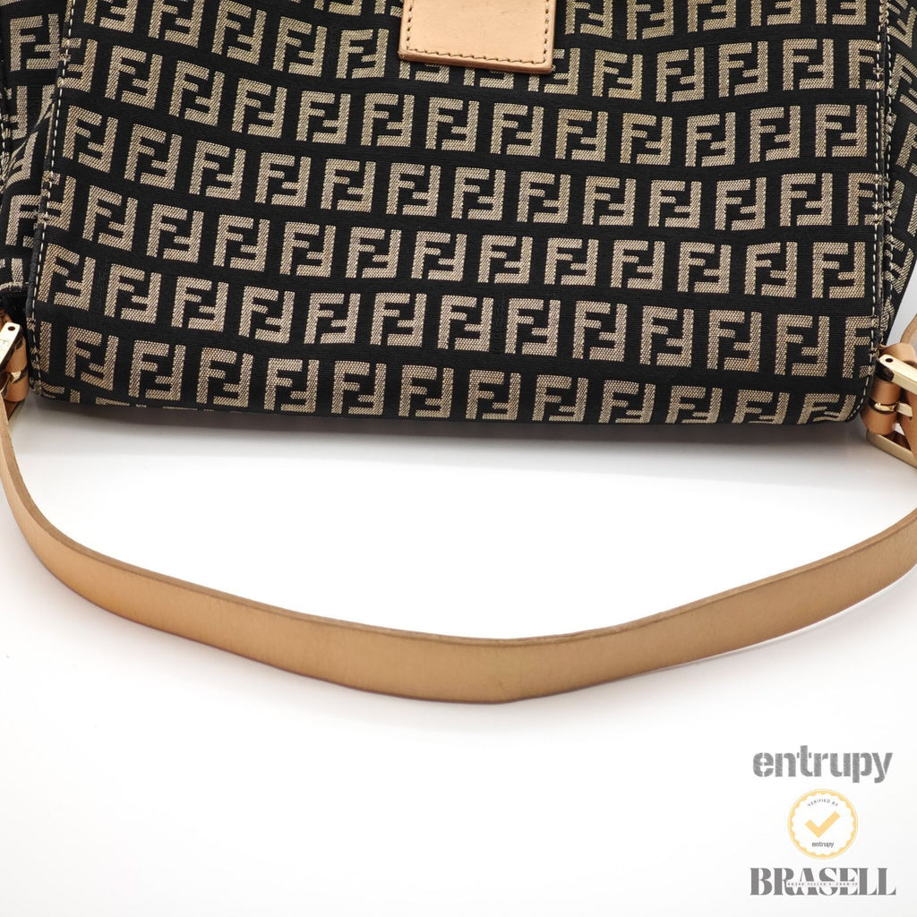 FENDI Zucchino Mamma Baguette 8BR001 Black Beige Hand Bag 【ImportFeeFREE】