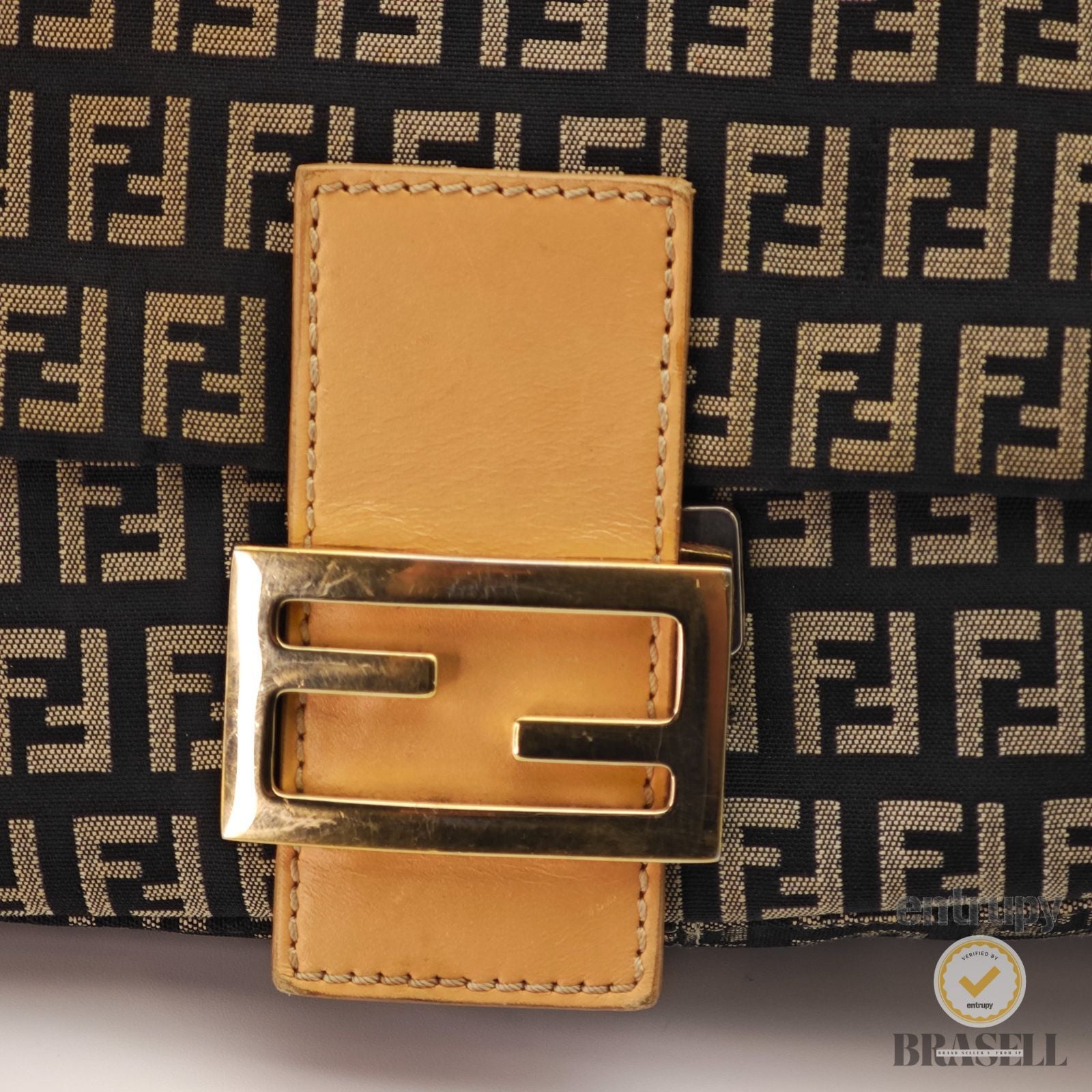 FENDI Zucchino Mamma Baguette 8BR001 Black Beige Hand Bag 【ImportFeeFREE】