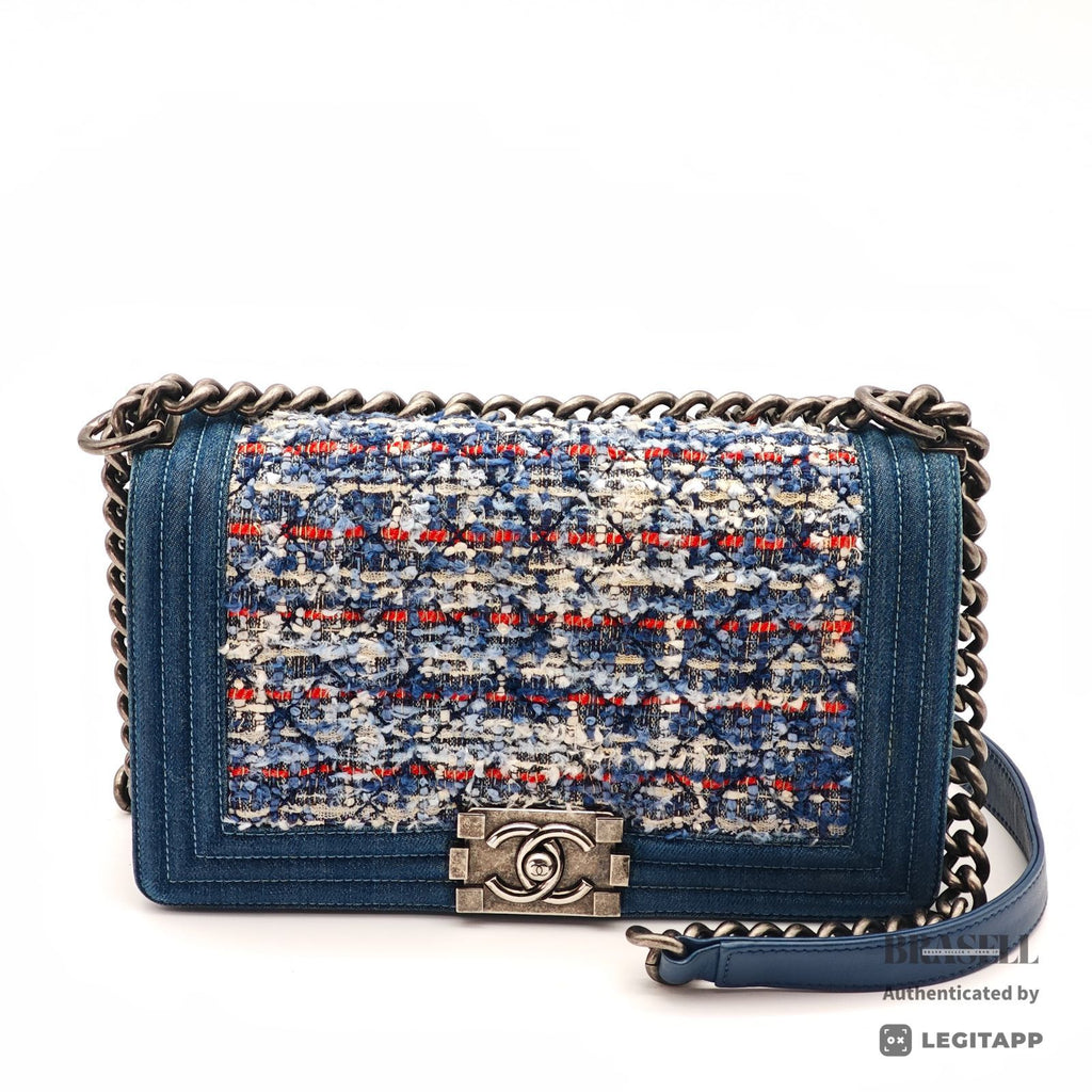CHANEL Boy Chanel Denim Tweed Flap Shoulder Bag Blue Women's【ImportFeeFREE】