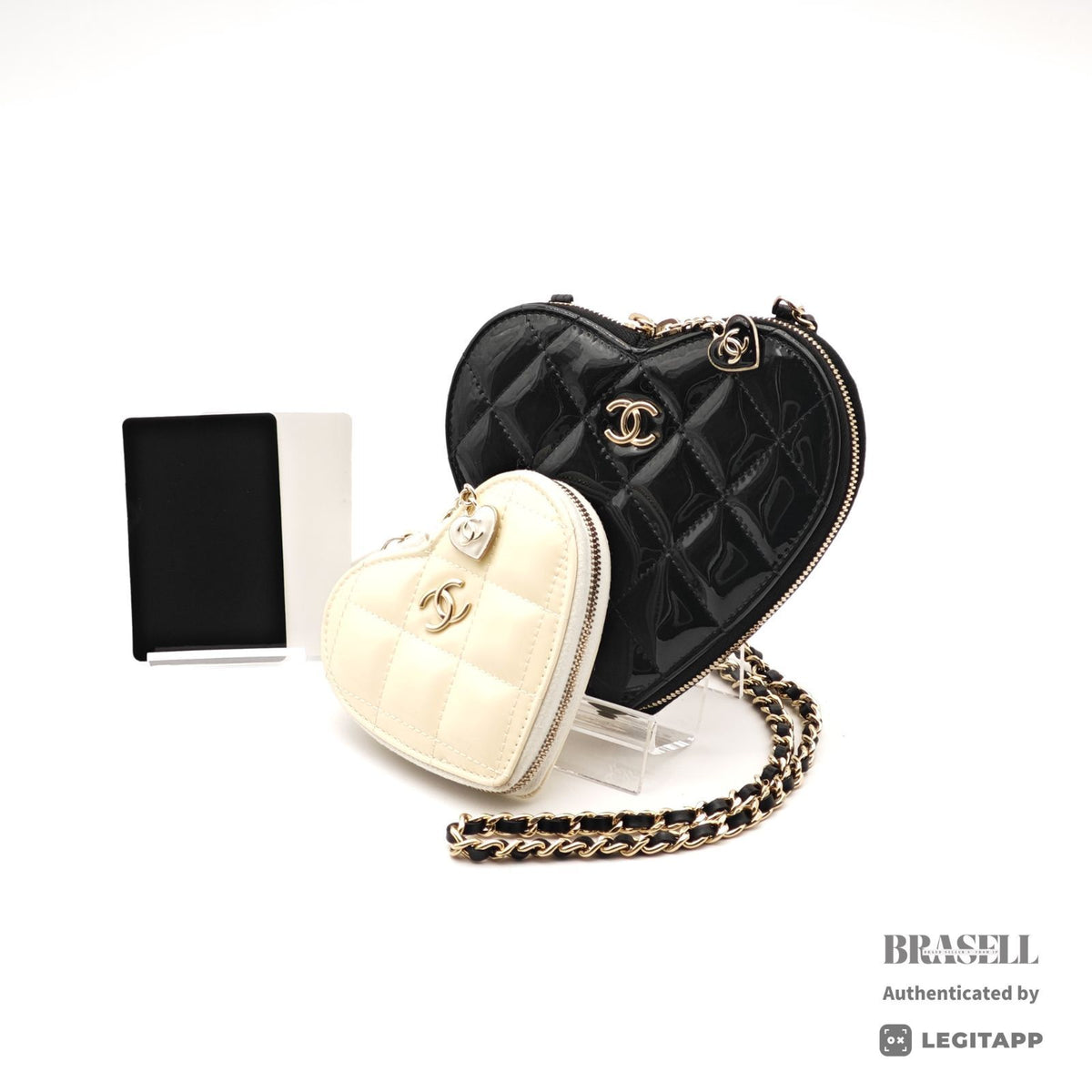 CHANEL Patent Leather Heart Pouch Mini Bag Black White Unisex【ImportFeeFREE】