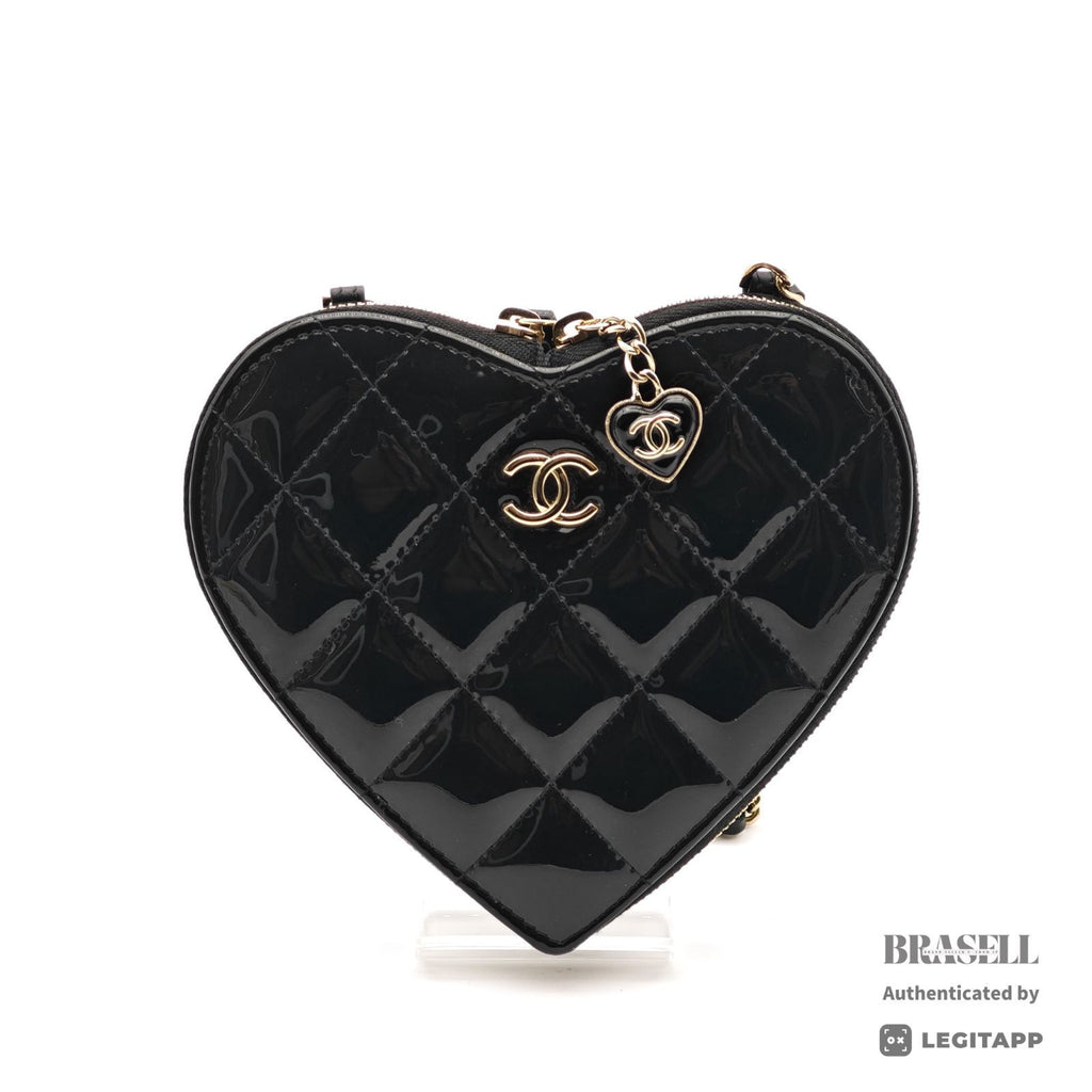CHANEL Patent Leather Heart Pouch Mini Bag Black White Unisex【ImportFeeFREE】