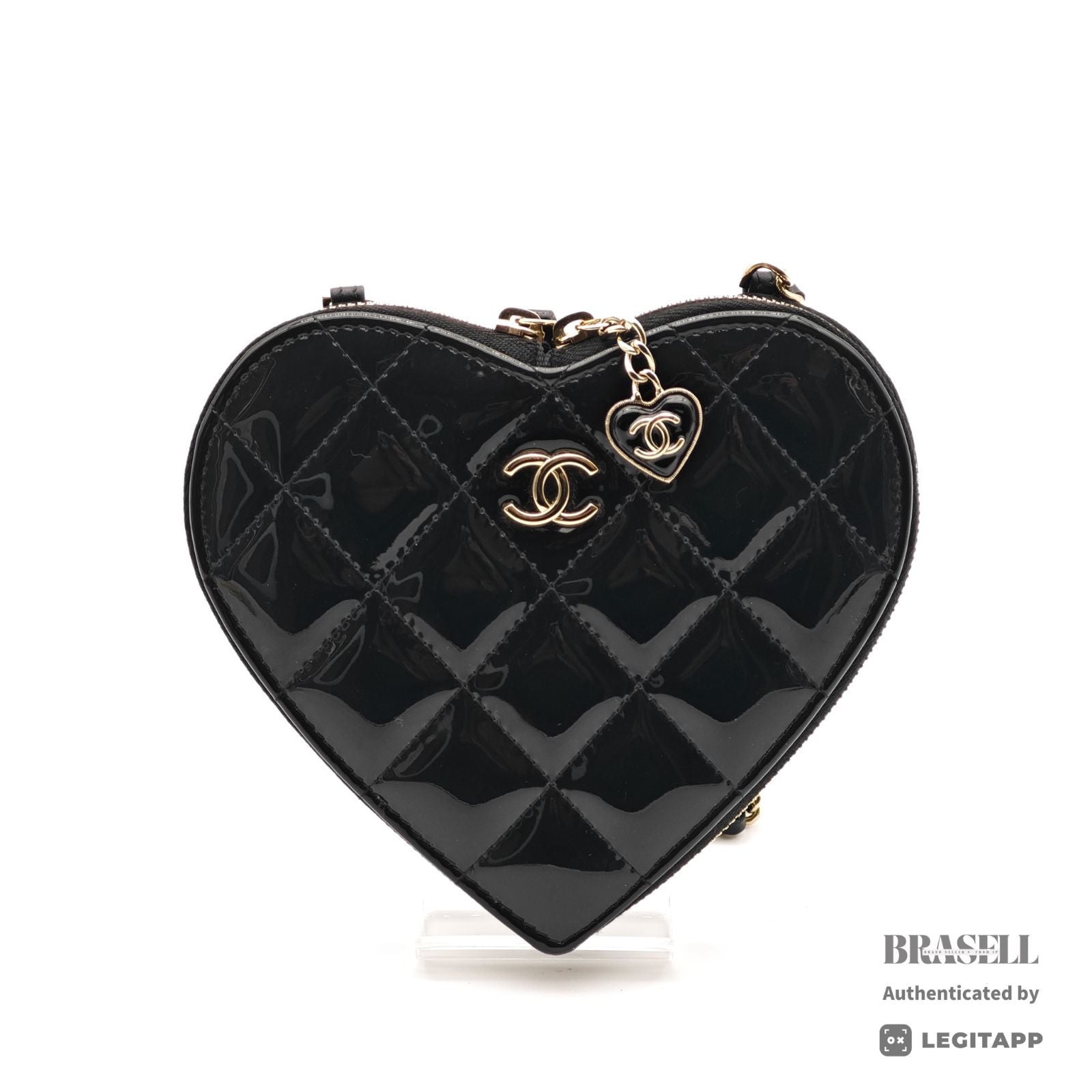 CHANEL Patent Leather Heart Pouch Mini Bag Black White Unisex【ImportFeeFREE】