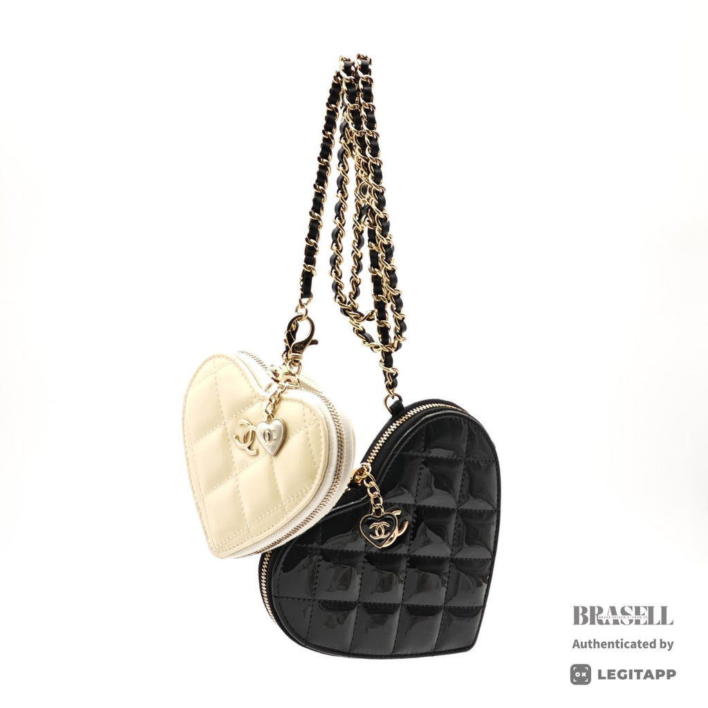 CHANEL Patent Leather Heart Pouch Mini Bag Black White Unisex【ImportFeeFREE】
