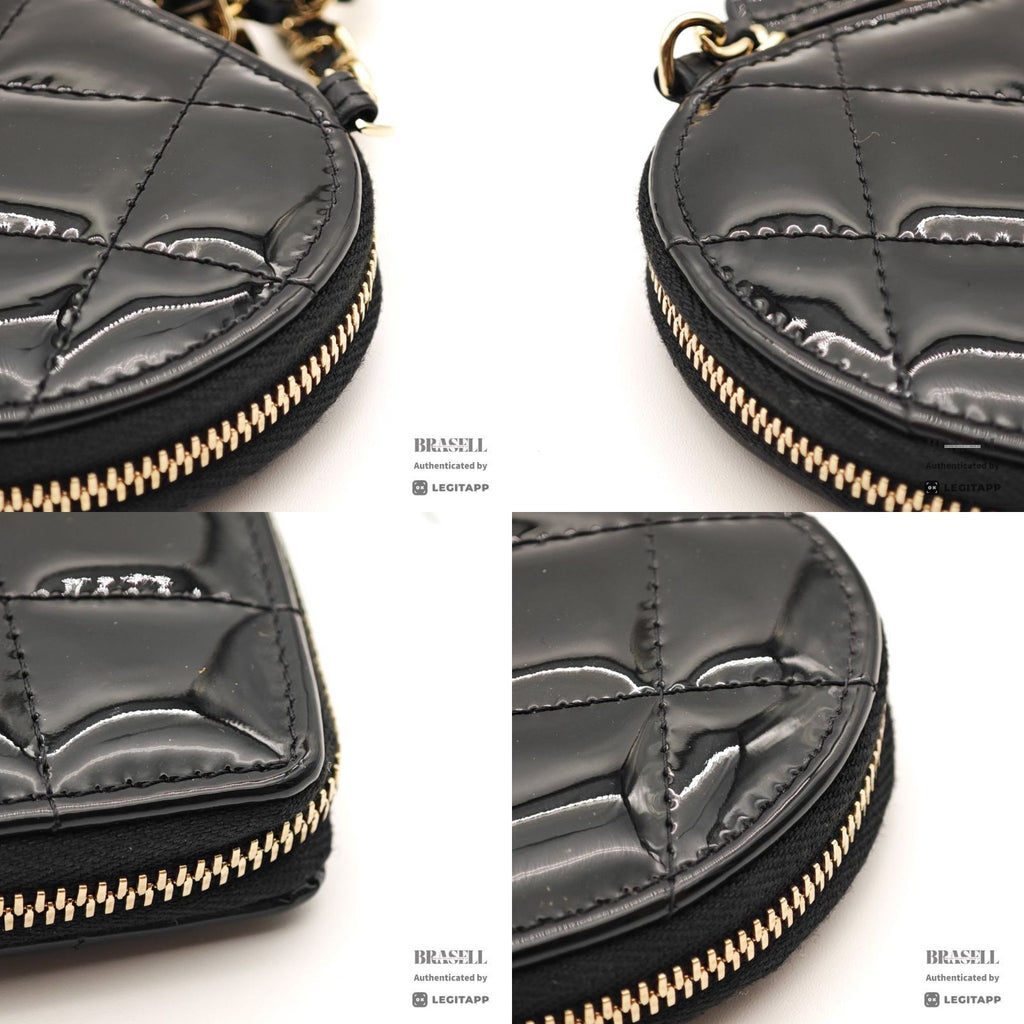 CHANEL Patent Leather Heart Pouch Mini Bag Black White Unisex【ImportFeeFREE】