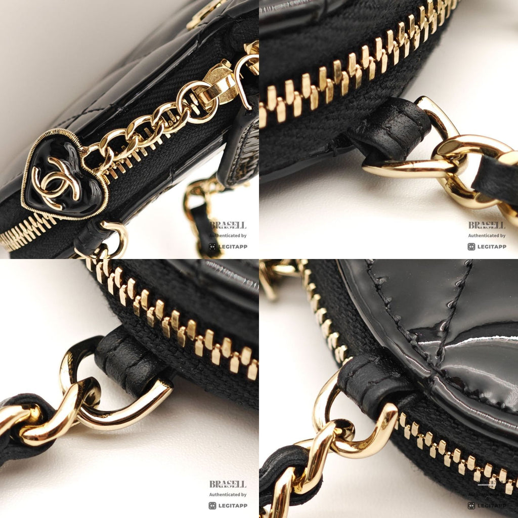 CHANEL Patent Leather Heart Pouch Mini Bag Black White Unisex【ImportFeeFREE】