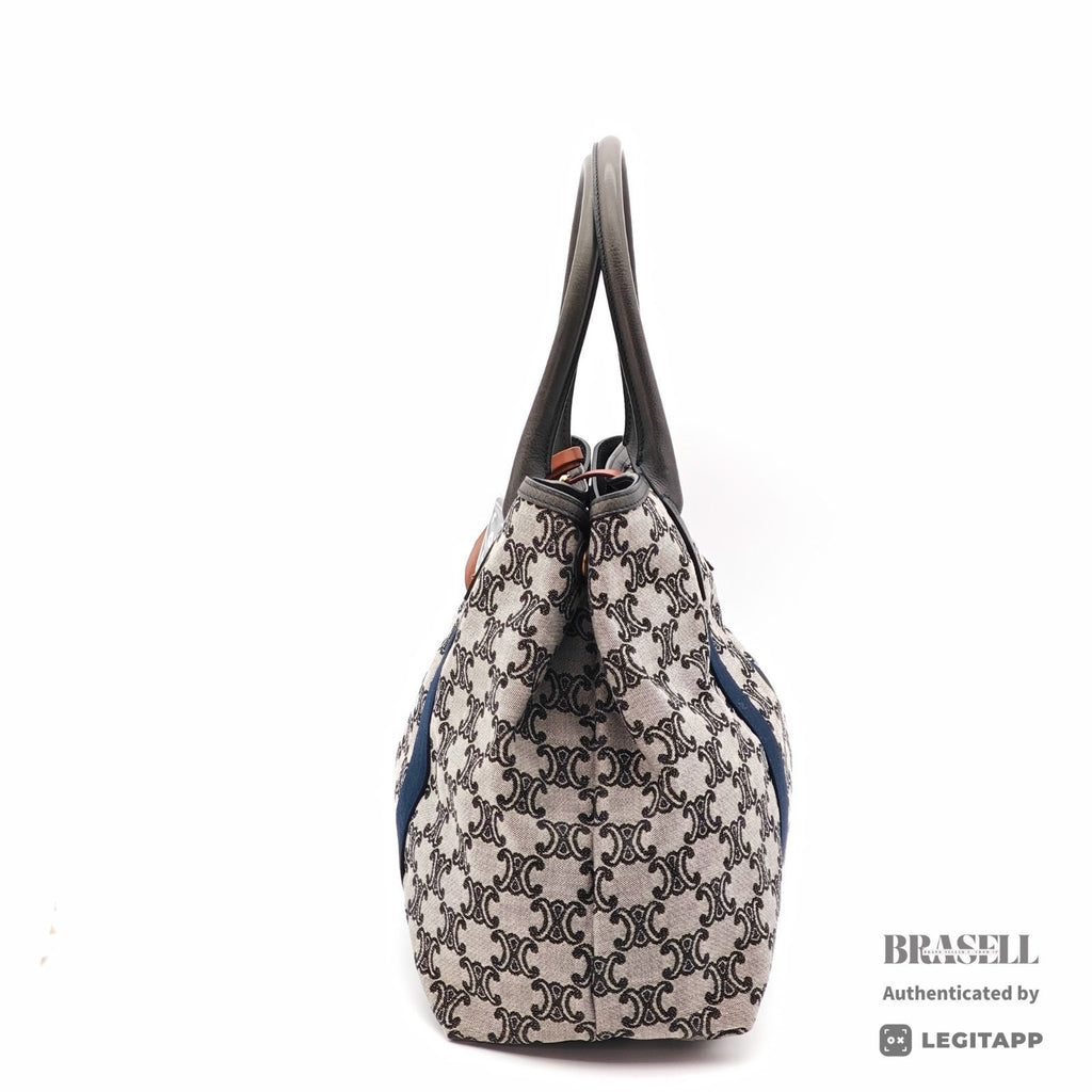 CELINE Paris Macadam Hand Bag Gray Navy Canvas Large Dust Bag 【ImportFeeFREE】