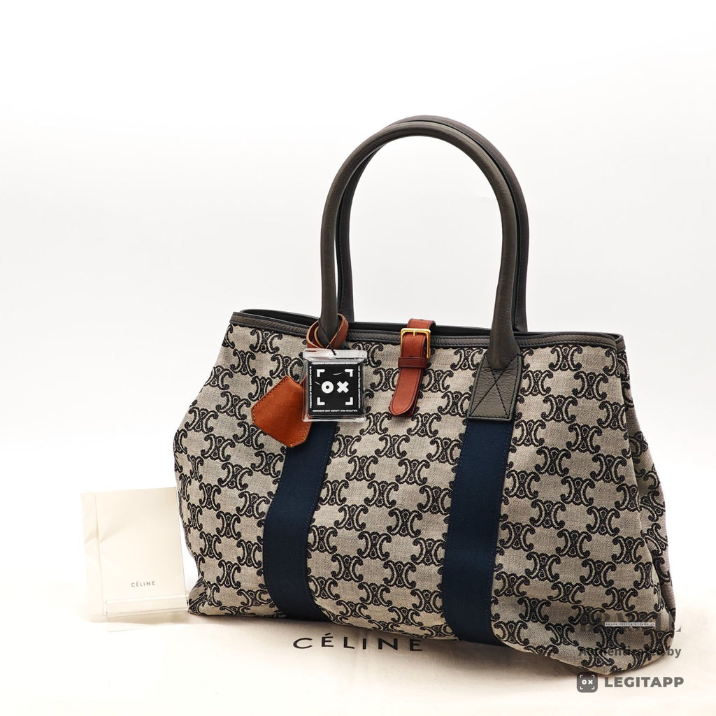 CELINE Paris Macadam Hand Bag Gray Navy Canvas Large Dust Bag 【ImportFeeFREE】
