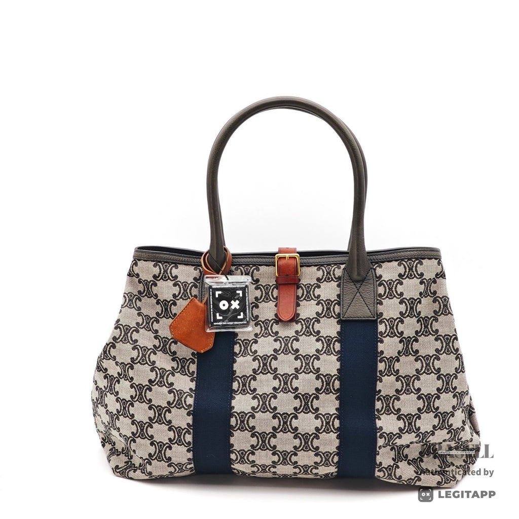 CELINE Paris Macadam Hand Bag Gray Navy Canvas Large Dust Bag 【ImportFeeFREE】