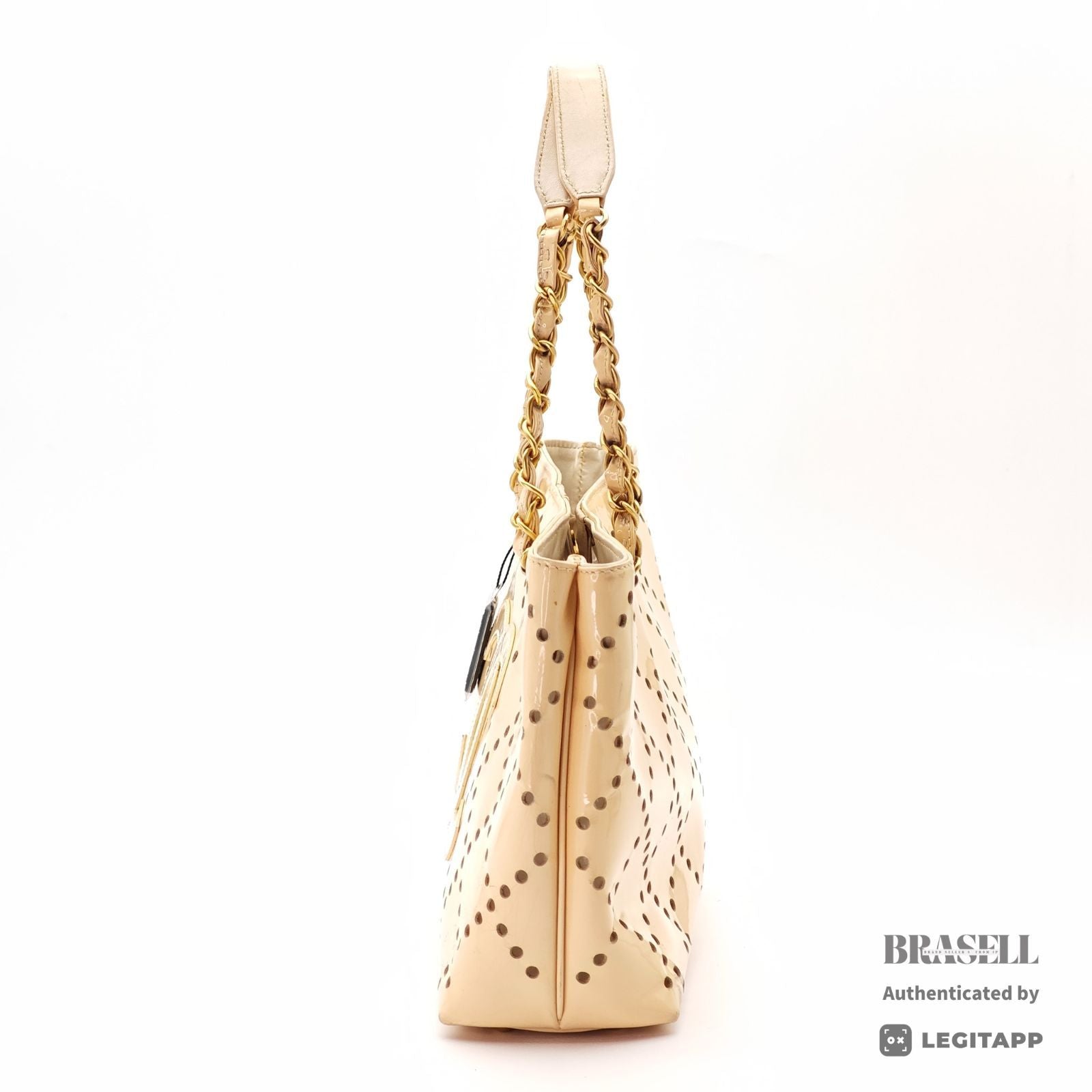 CHANEL CC Logo Punching Chain Tote Bag Beige Patent Leather 【ImportFeeFREE】