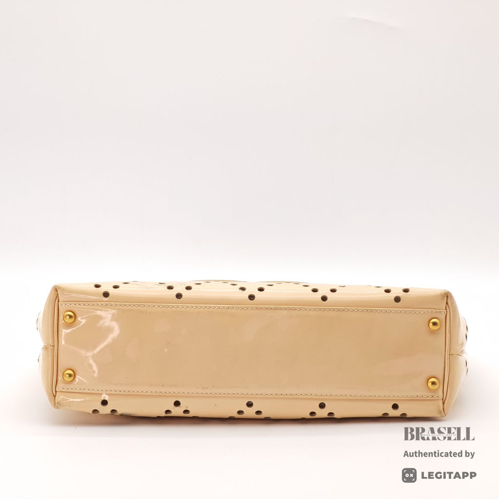 CHANEL CC Logo Punching Chain Tote Bag Beige Patent Leather 【ImportFeeFREE】